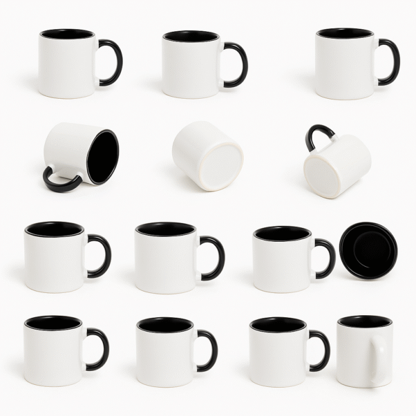 Personalized Black and White Coffee Mug with Name or Logo interior and handle on a wooden table, next to an open book and a small flower.