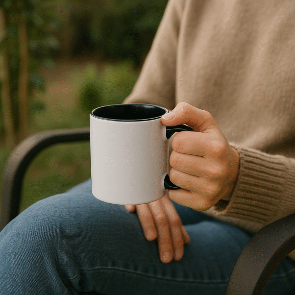 Personalized Black and White Coffee Mug with Name or Logo interior and handle on a wooden table, next to an open book and a small flower.