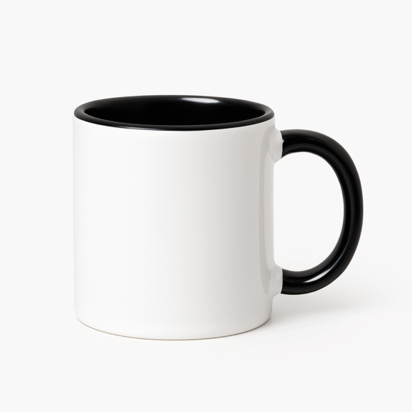 Personalized Black and White Coffee Mug with Name or Logo interior and handle on a wooden table, next to an open book and a small flower.