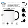 Personalized Black and White Coffee Mug with Name or Logo interior and handle on a wooden table, next to an open book and a small flower.