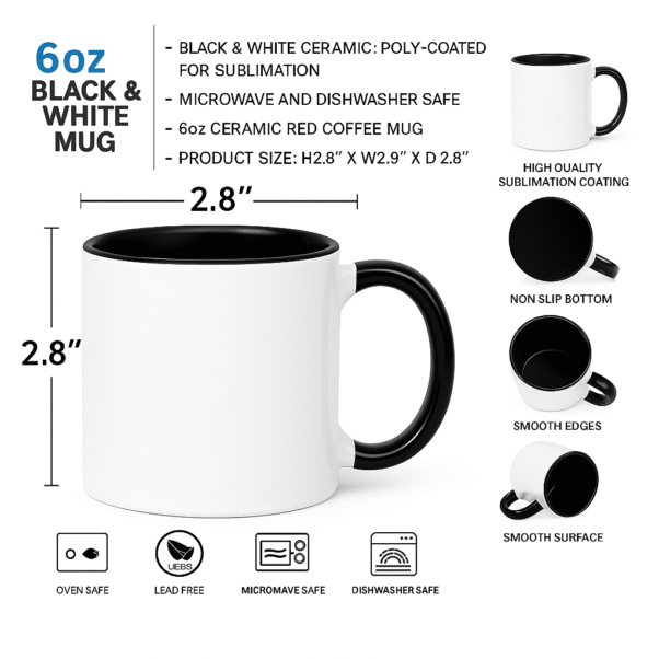 Personalized Black and White Coffee Mug with Name or Logo interior and handle on a wooden table, next to an open book and a small flower.