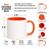 Orange and White Ceramic Coffee Mug a bright orange interior and handle, sitting on a table with an antique clock.