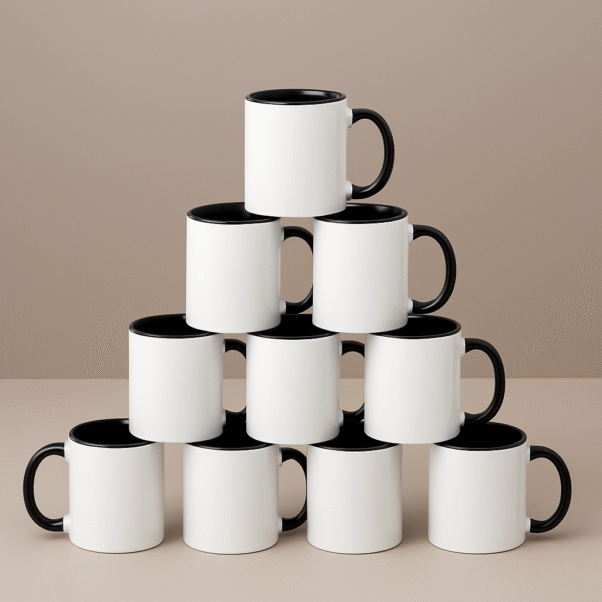 Personalized Black and White Coffee Mug with Name or Logo interior and handle on a wooden table, next to an open book and a small flower.