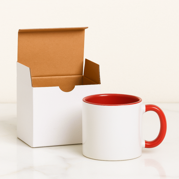 Personalized Red and White Coffee Mug with Name or Logo and a vibrant red interior and handle. The mug is shown in a dynamic setting, highlighting its bold, eye-catching style.