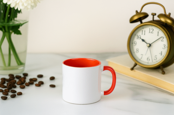 Personalized Red and White Coffee Mug with Name or Logo and a vibrant red interior and handle. The mug is shown in a dynamic setting, highlighting its bold, eye-catching style.