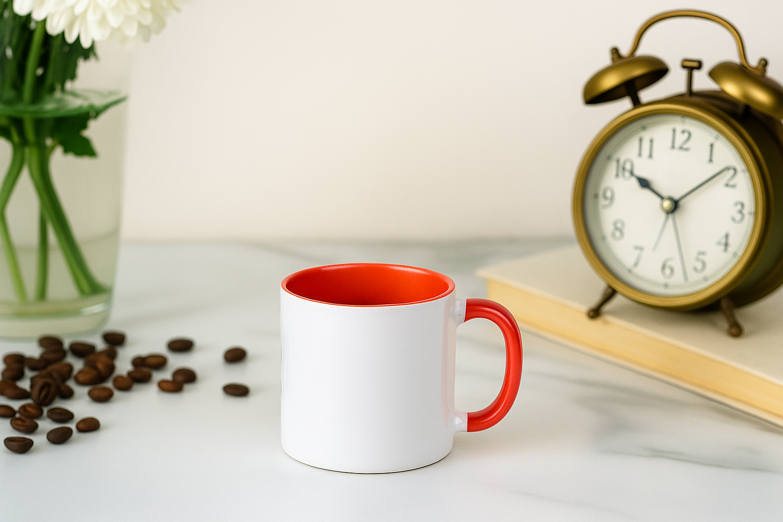 Personalized Red and White Coffee Mug with Name or Logo and a vibrant red interior and handle. The mug is shown in a dynamic setting, highlighting its bold, eye-catching style.