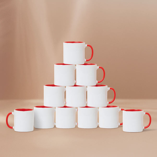 Personalized Red and White Coffee Mug with Name or Logo and a vibrant red interior and handle. The mug is shown in a dynamic setting, highlighting its bold, eye-catching style.