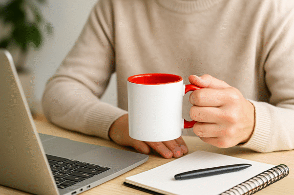 Personalized Red and White Coffee Mug with Name or Logo and a vibrant red interior and handle. The mug is shown in a dynamic setting, highlighting its bold, eye-catching style.