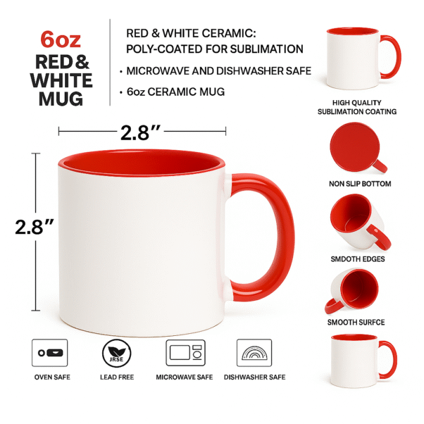 Personalized Red and White Coffee Mug with Name or Logo and a vibrant red interior and handle. The mug is shown in a dynamic setting, highlighting its bold, eye-catching style.