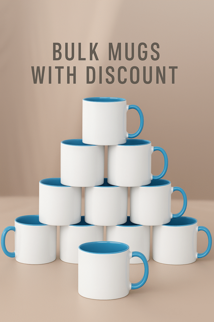 Bulk Ceramic Mugs Wholesale held by a hand on a table with a vintage alarm clock.