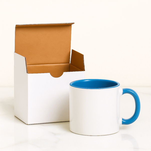 Bulk Ceramic Mugs Wholesale held by a hand on a table with a vintage alarm clock.