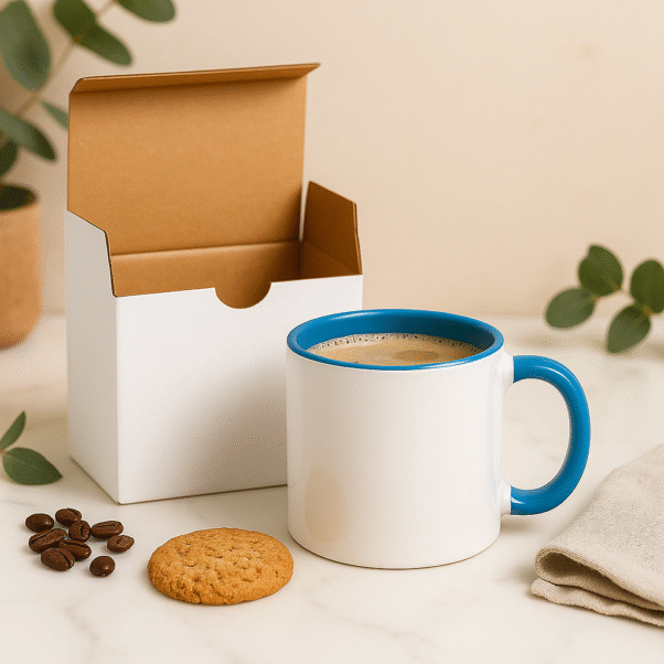 Bulk Ceramic Mugs Wholesale held by a hand on a table with a vintage alarm clock.