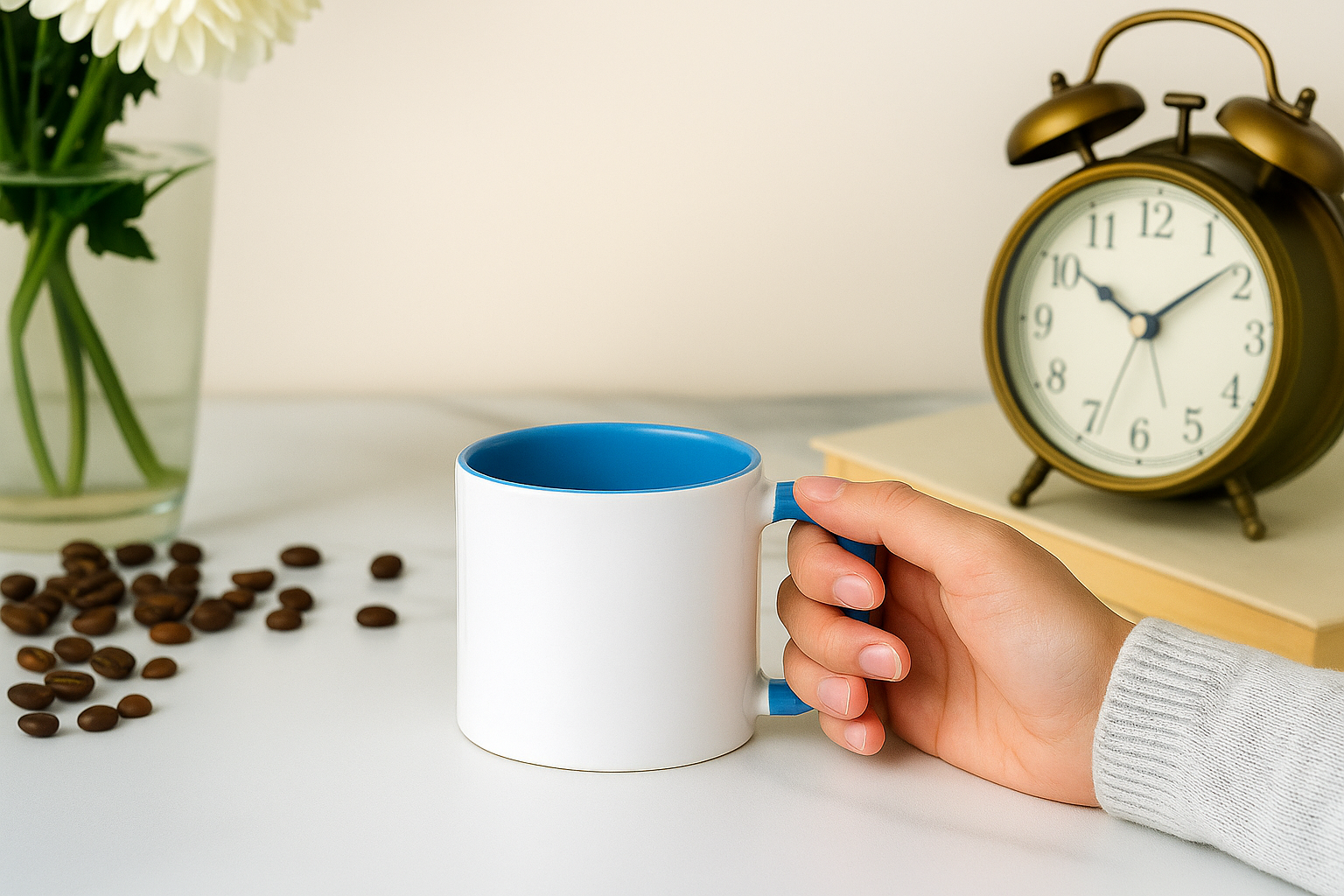 Bulk Ceramic Mugs Wholesale held by a hand on a table with a vintage alarm clock.