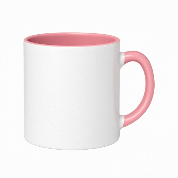 Custom Pink and white ceramic coffee mug with a pink interior and handle, sitting on a wooden table next to a vase with pink flowers, a stack of books, and scattered coffee beans.
