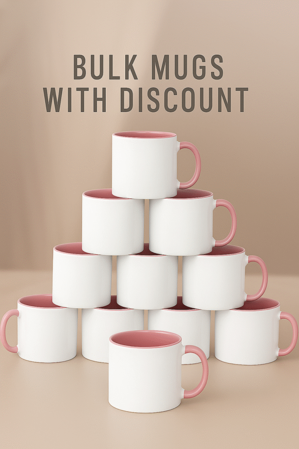 Custom Pink and white ceramic coffee mug with a pink interior and handle, sitting on a wooden table next to a vase with pink flowers, a stack of books, and scattered coffee beans.