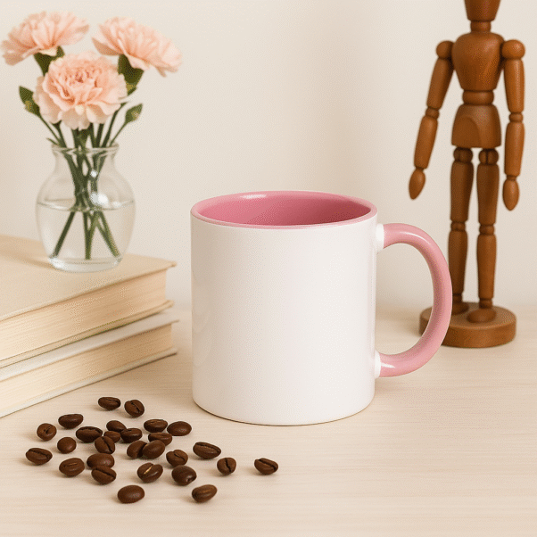 Custom Pink and white ceramic coffee mug with a pink interior and handle, sitting on a wooden table next to a vase with pink flowers, a stack of books, and scattered coffee beans.