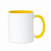 Yellow and White Ceramic Coffee Mug with coffee beans scattered on a wooden table.