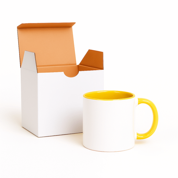 Yellow and White Ceramic Coffee Mug with coffee beans scattered on a wooden table.