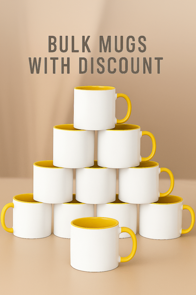 Yellow and White Ceramic Coffee Mug with coffee beans scattered on a wooden table.
