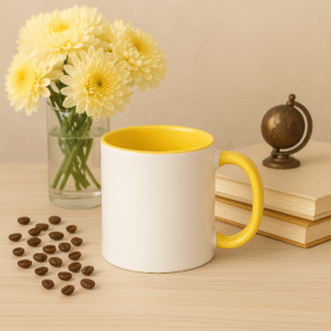 Yellow and white ceramic coffee mug
