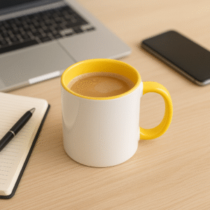 Yellow and white ceramic coffee mug