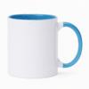 Personalized Blue and White Coffee Mug with Name with a white exterior and a blue interior and handle, sitting on a wooden desk.