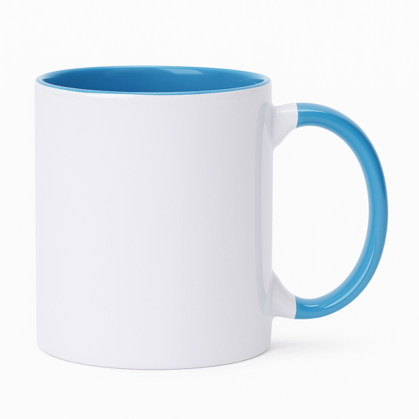 Personalized Blue and White Coffee Mug with Name with a white exterior and a blue interior and handle, sitting on a wooden desk.