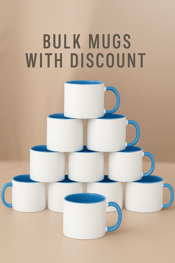 Personalized Blue and White Coffee Mug with Name with a white exterior and a blue interior and handle, sitting on a wooden desk.