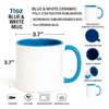Personalized Blue and White Coffee Mug with Name with a white exterior and a blue interior and handle, sitting on a wooden desk.