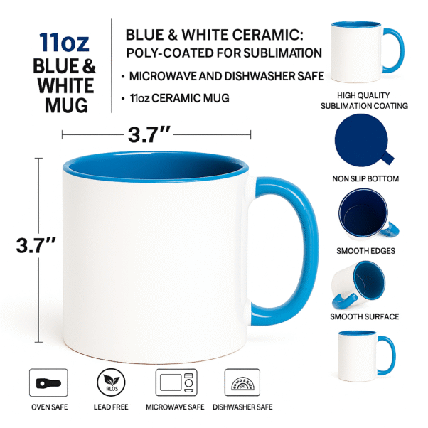 Personalized Blue and White Coffee Mug with Name with a white exterior and a blue interior and handle, sitting on a wooden desk.