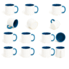Personalized Blue and White Coffee Mug with Name with a white exterior and a blue interior and handle, sitting on a wooden desk.