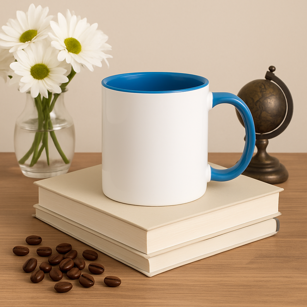 Personalized Blue and White Coffee Mug with Name with a white exterior and a blue interior and handle, sitting on a wooden desk.