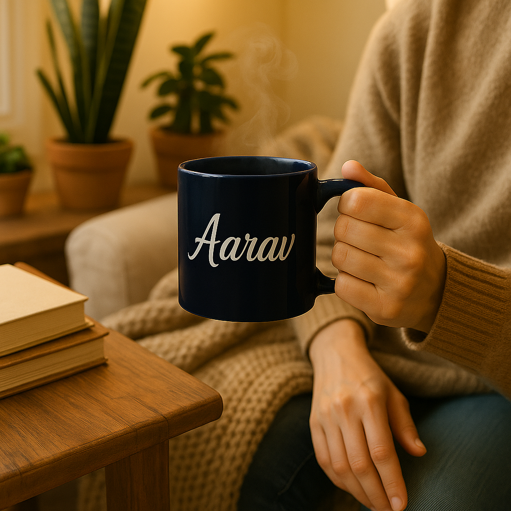 Personalized name coffee mug "YOUR LOGO HERE" printed in white letters on the side.