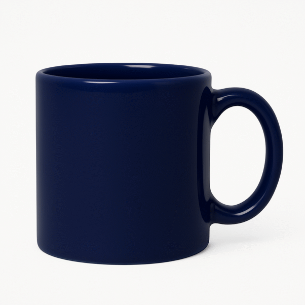 Personalized name coffee mug "YOUR LOGO HERE" printed in white letters on the side.