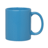 Personalized Blue Coffee Mug with Name "Your Logo Here" printed on the side, sitting on an office desk next to a laptop.