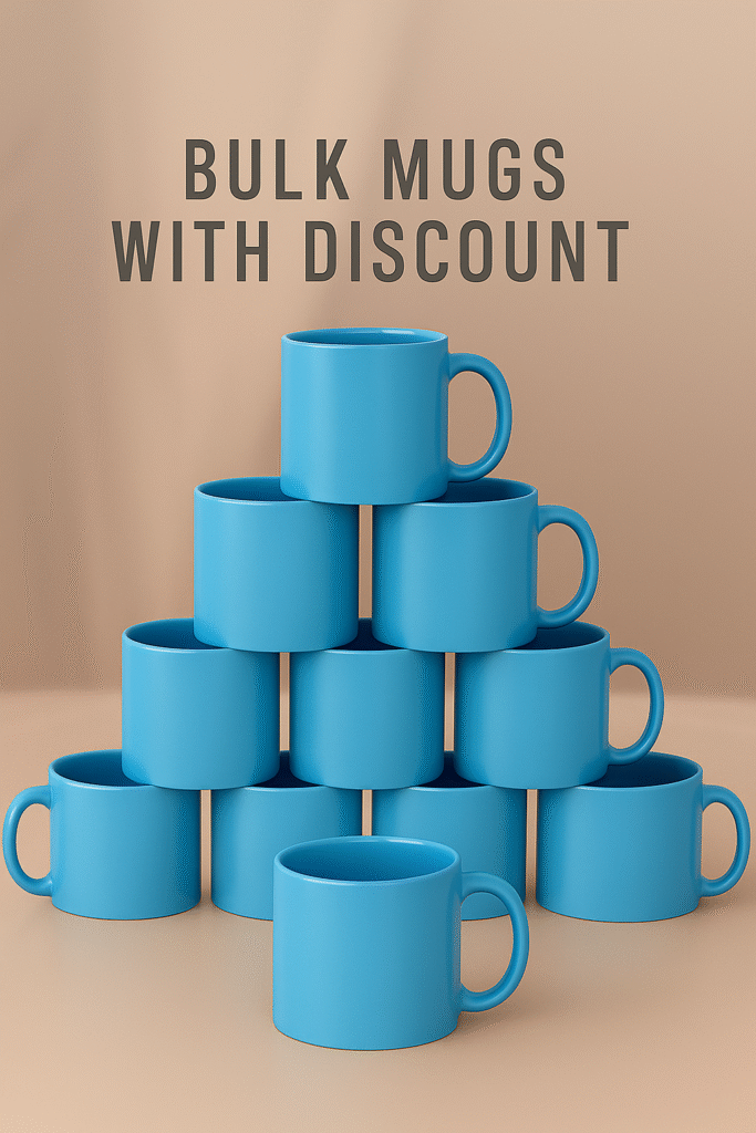 Personalized Blue Coffee Mug with Name "Your Logo Here" printed on the side, sitting on an office desk next to a laptop.