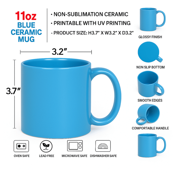 Personalized Blue Coffee Mug with Name "Your Logo Here" printed on the side, sitting on an office desk next to a laptop.