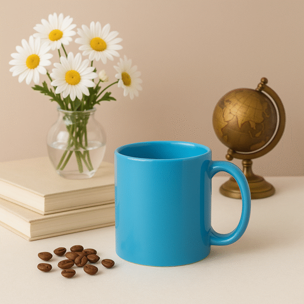 Personalized Blue Coffee Mug with Name "Your Logo Here" printed on the side, sitting on an office desk next to a laptop.