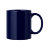 Personalized Navy Blue Coffee Mug with Name or Logo with a glossy finish on a wooden table, next to an open book and a black horse figurine.
