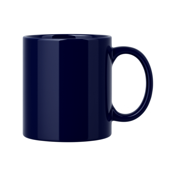 Personalized Navy Blue Coffee Mug with Name or Logo with a glossy finish on a wooden table, next to an open book and a black horse figurine.