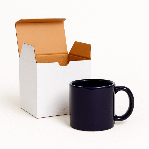 Personalized Navy Blue Coffee Mug with Name or Logo with a glossy finish on a wooden table, next to an open book and a black horse figurine.