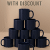 Personalized Navy Blue Coffee Mug with Name or Logo with a glossy finish on a wooden table, next to an open book and a black horse figurine.