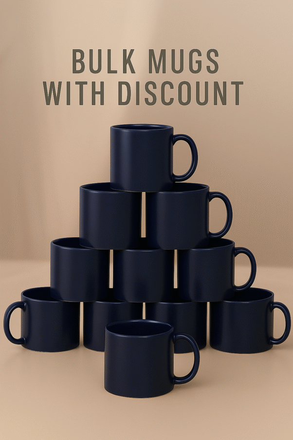 Personalized Navy Blue Coffee Mug with Name or Logo with a glossy finish on a wooden table, next to an open book and a black horse figurine.