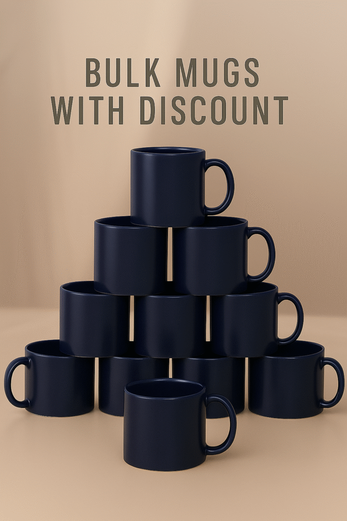 Personalized Navy Blue Coffee Mug with Name or Logo with a glossy finish on a wooden table, next to an open book and a black horse figurine.