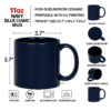 Personalized Navy Blue Coffee Mug with Name or Logo with a glossy finish on a wooden table, next to an open book and a black horse figurine.