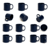 Personalized Navy Blue Coffee Mug with Name or Logo with a glossy finish on a wooden table, next to an open book and a black horse figurine.