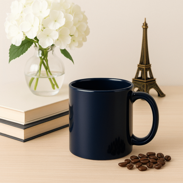 Personalized Navy Blue Coffee Mug with Name or Logo with a glossy finish on a wooden table, next to an open book and a black horse figurine.