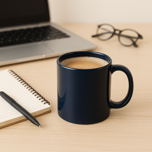 Personalized Navy Blue Coffee Mug with Name or Logo with a glossy finish on a wooden table, next to an open book and a black horse figurine.