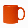 Personalize Full Orange Ceramic Coffee Mug the text "YOUR LOGO HERE" printed on the side, sitting on an office desk next to a laptop.