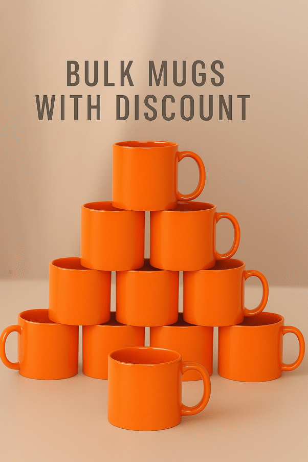Personalize Full Orange Ceramic Coffee Mug the text "YOUR LOGO HERE" printed on the side, sitting on an office desk next to a laptop.